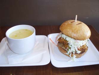 Sweet Corn Soup and Cornflake Crusted Fried Chicken Sandwich